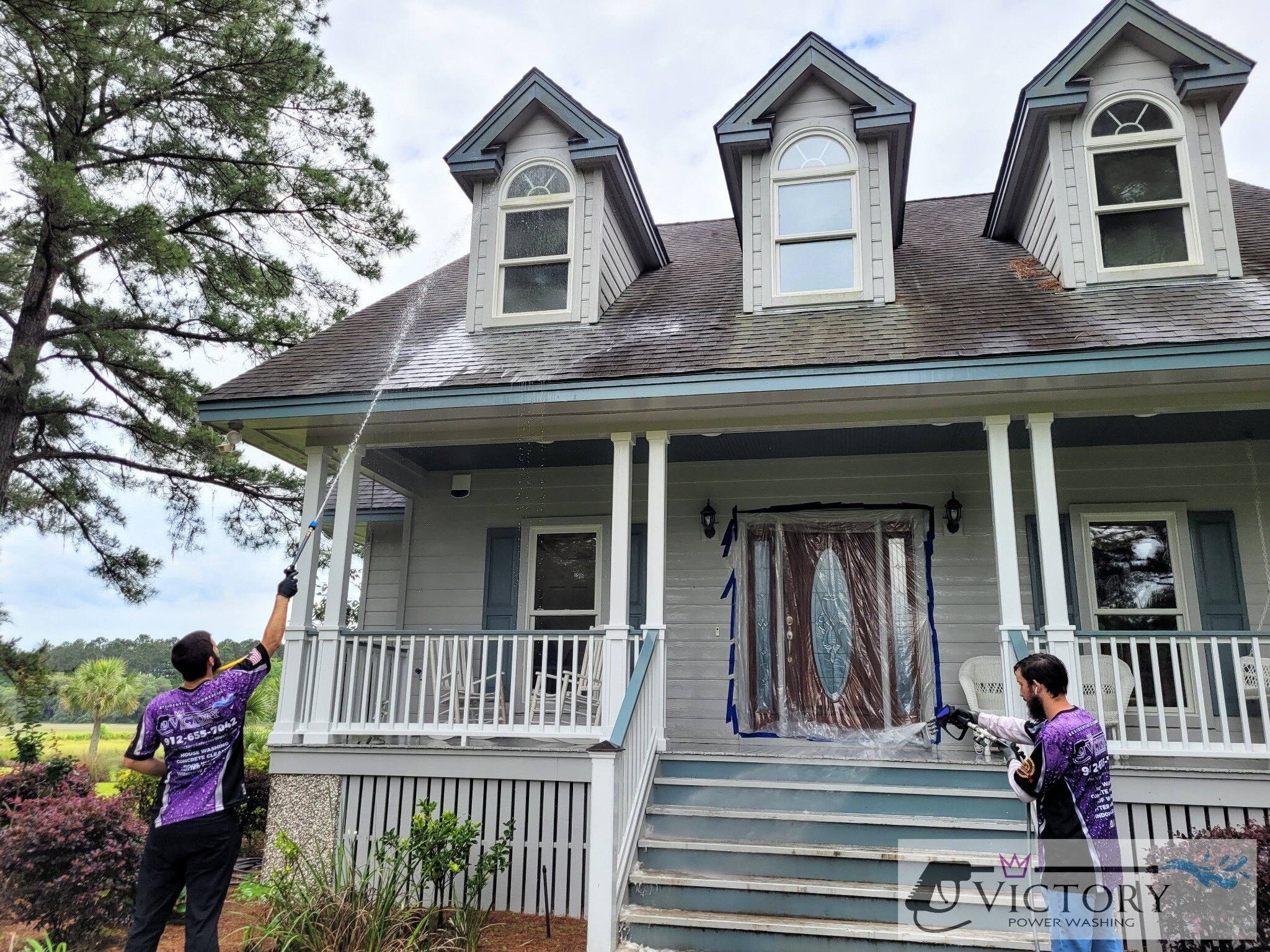 Victory Power Washing crew soft washing a Lowcountry home