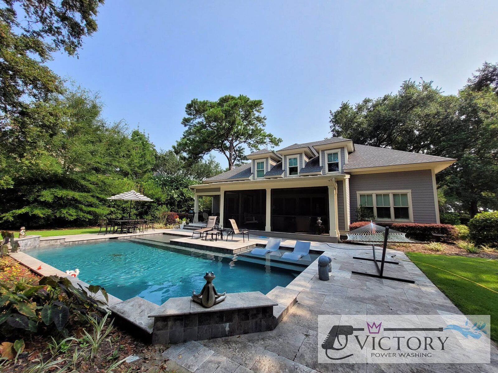 Clean pool deck and exterior at a Lowcountry home serviced by Victory Power Washing