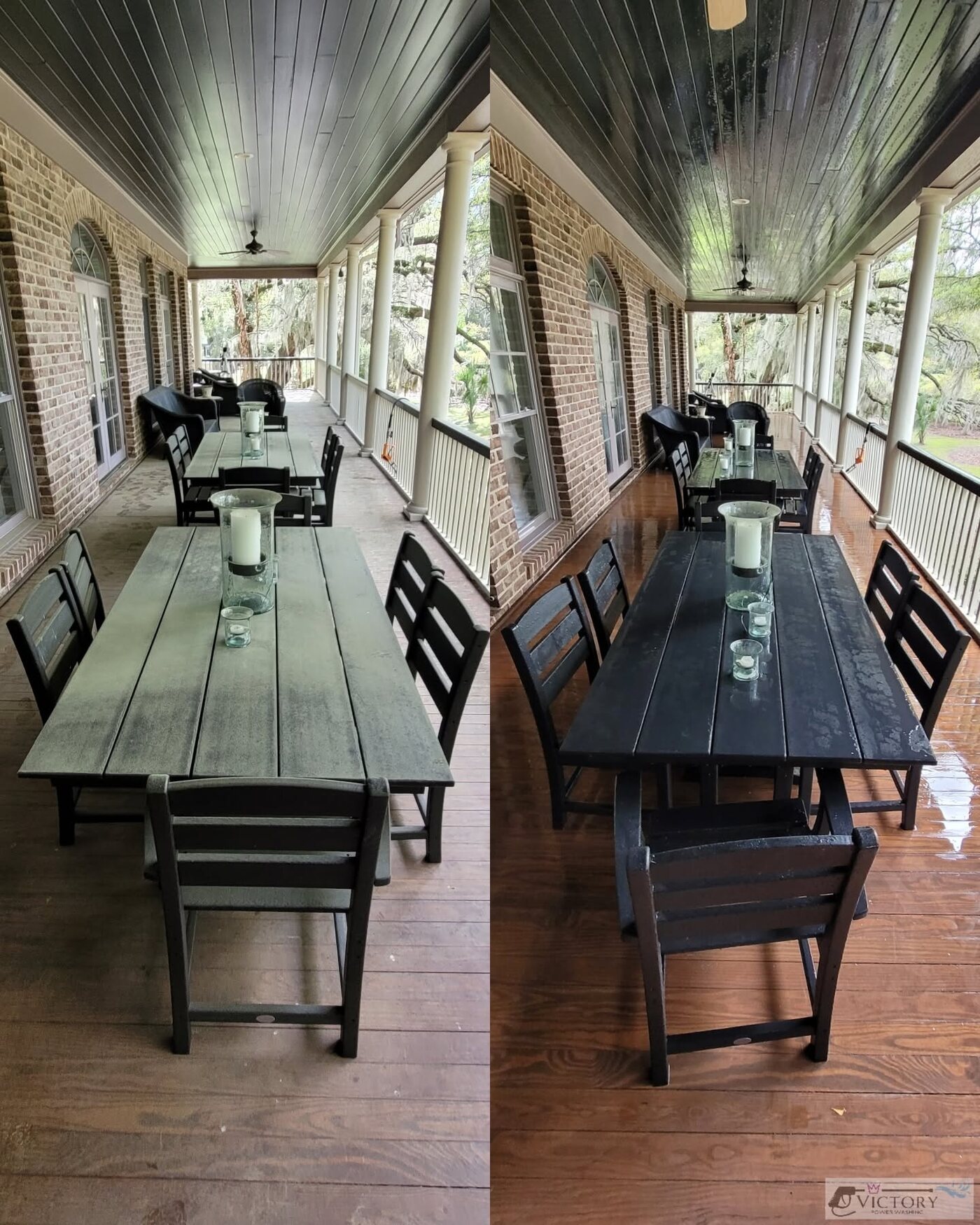 Before and after view of a restored wood porch