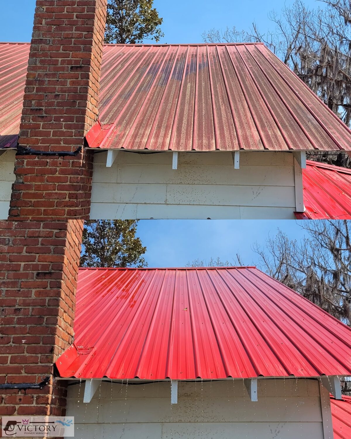 Before and after view of a metal roof cleaned by Victory Power Washing